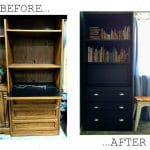 before and after image of spray painted bookcase