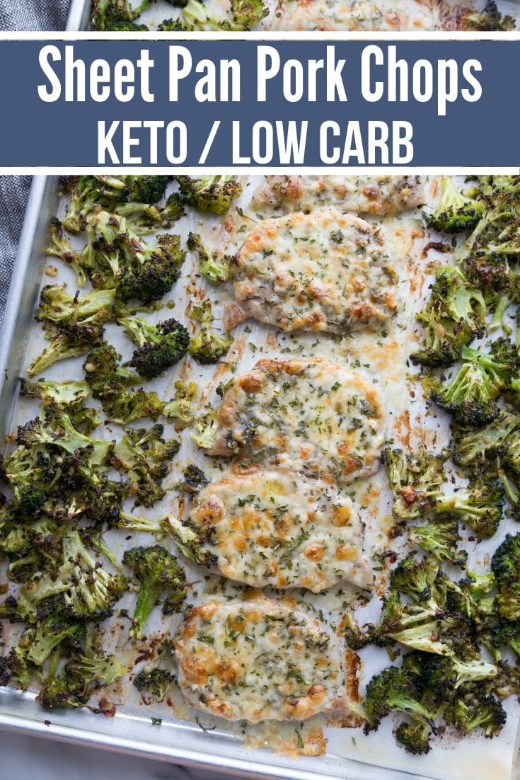 baked pork chops and broccoli on a sheet pan for a keto dinner