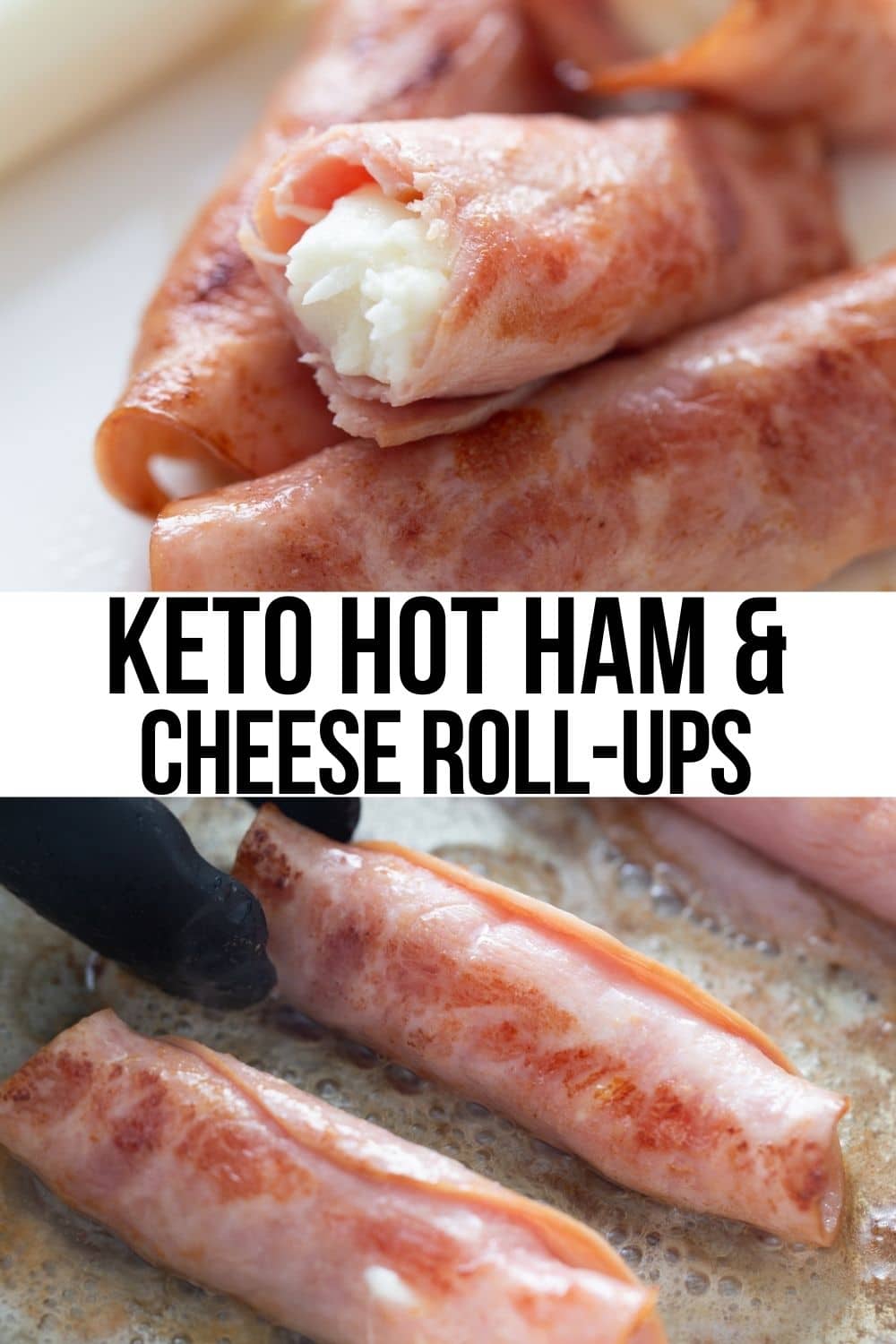 keto hot ham and cheese roll-ups in a frying pan and a bite taken out of them in a collage