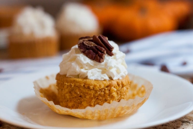 Mini pumpkin cheesecake topped with whipped cream and pecans