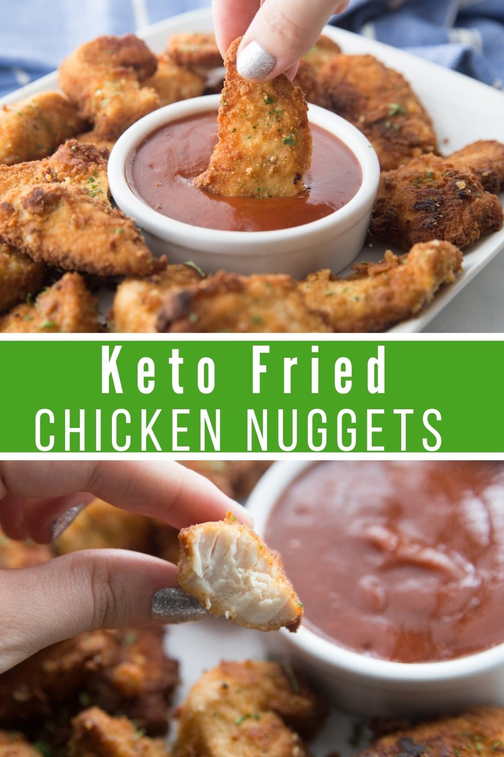 keto nuggets with a bite taken out being dipped into bbq sauce