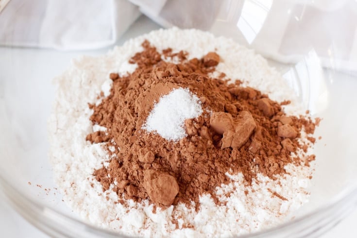 dry ingredients in a glass bowl for keto chocolate cookies