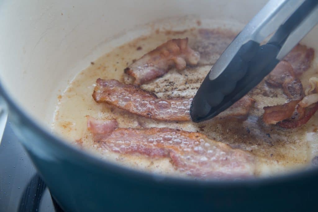 frying bacon in a stock pot for keto soup