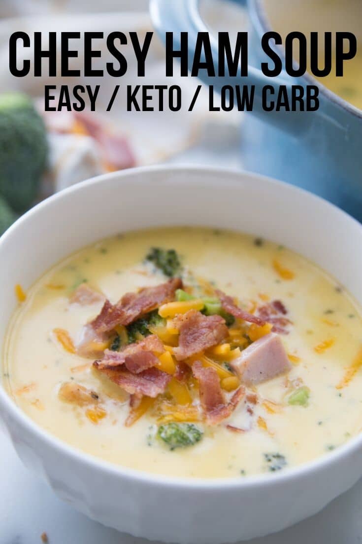 cheesy low carb ham soup in a bowl topped with cheese and bacon
