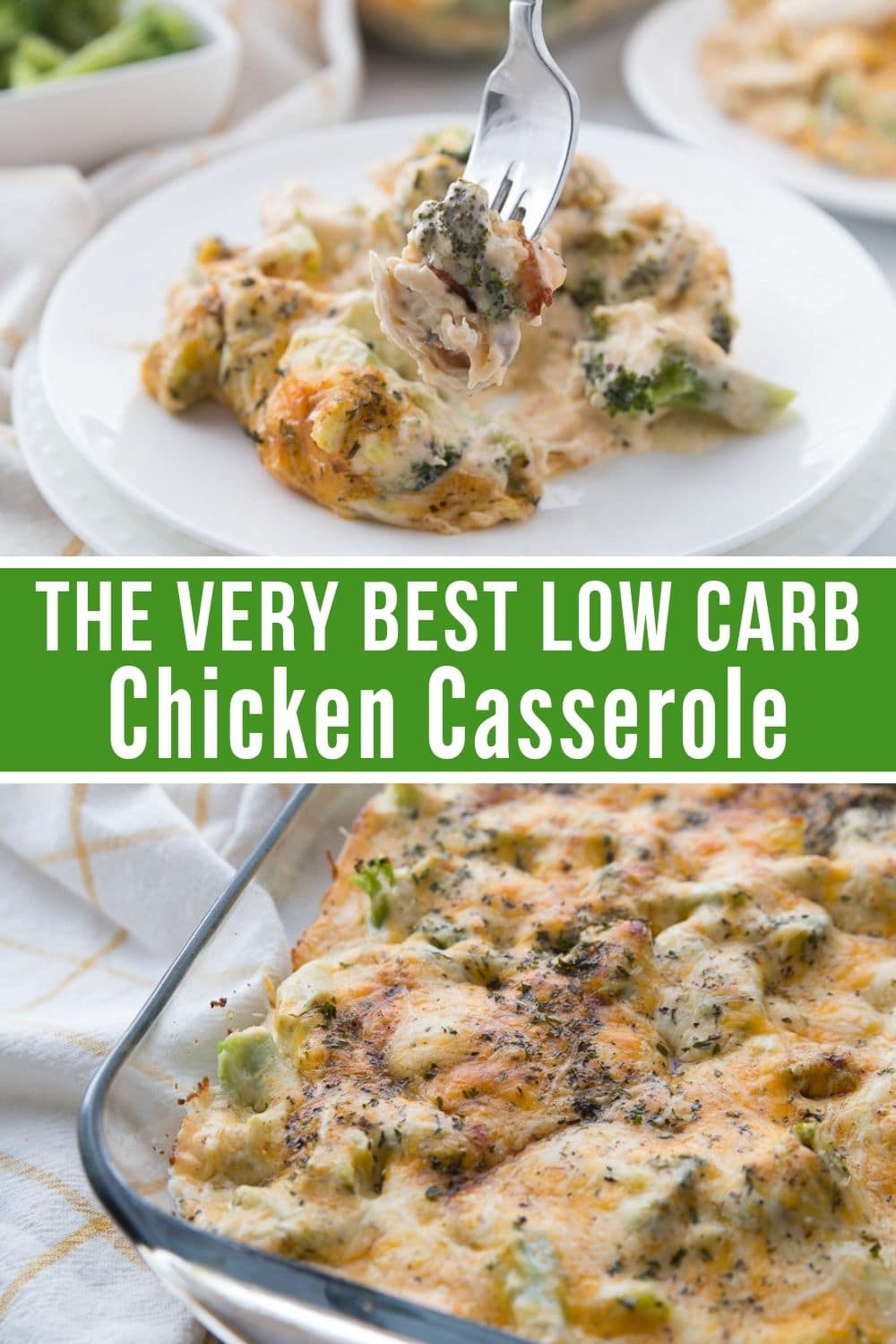 collage of low carb chicken casserole plated and in a casserole dish