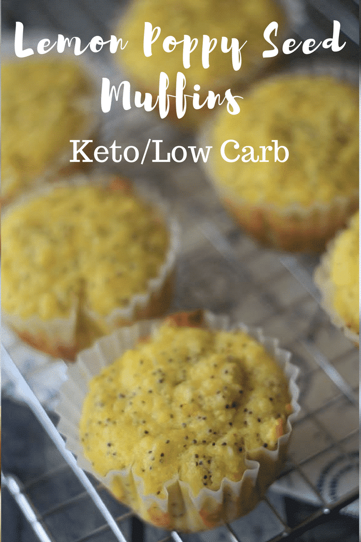 Keto Lemon poppy seed muffins on a tray with text overlay reading "Lemon poppy seed muffins, keto/low carb"