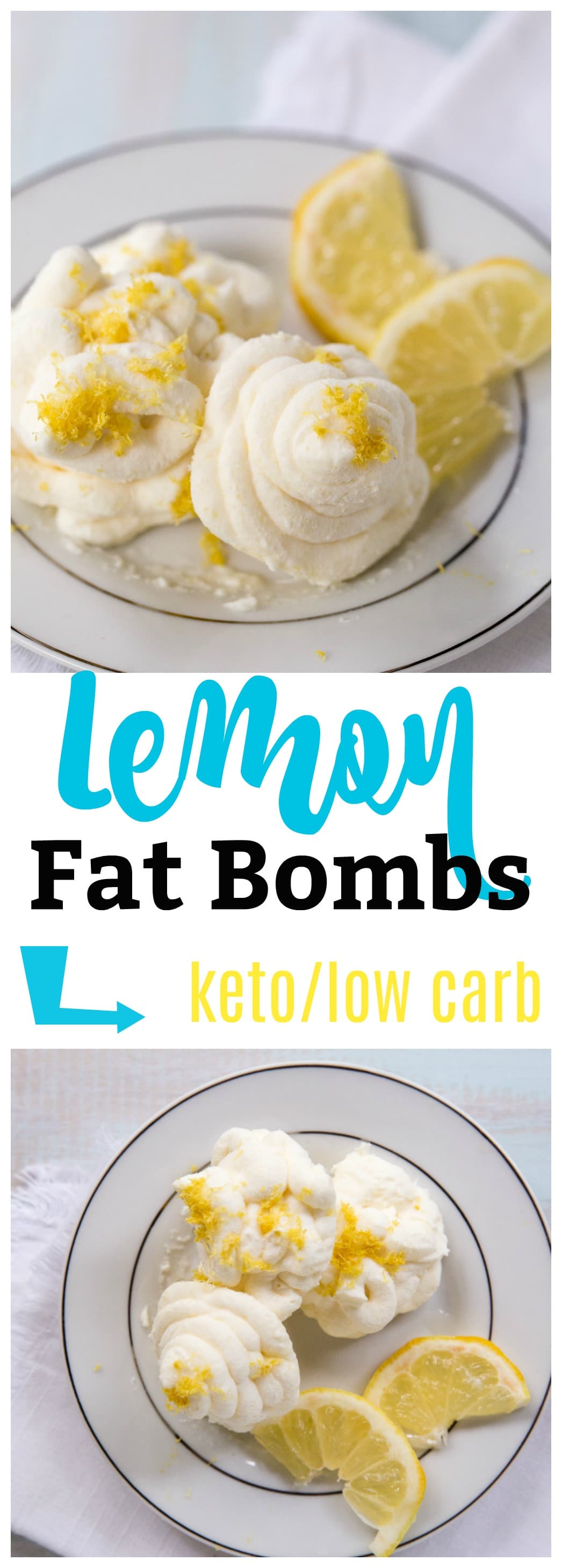 Lemon Keto Fat Bombs sitting on plate with text overlay that reads "lemon fat bombs keto/low carb"