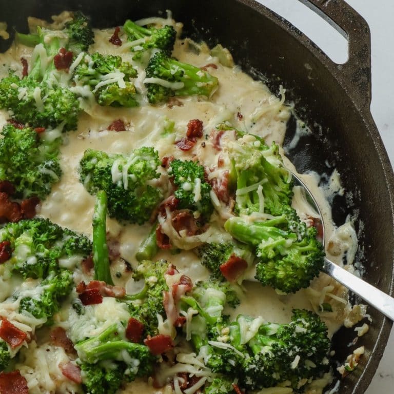 Creamy Garlic Parmesan Loaded Keto Broccoli with Bacon
