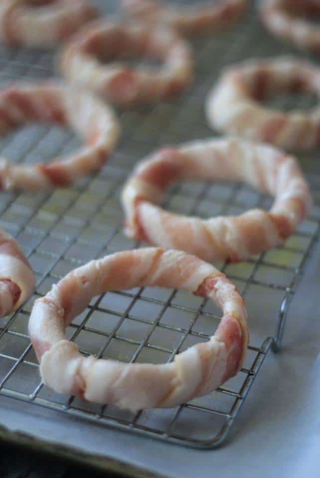 onion slices wrapped with bacon