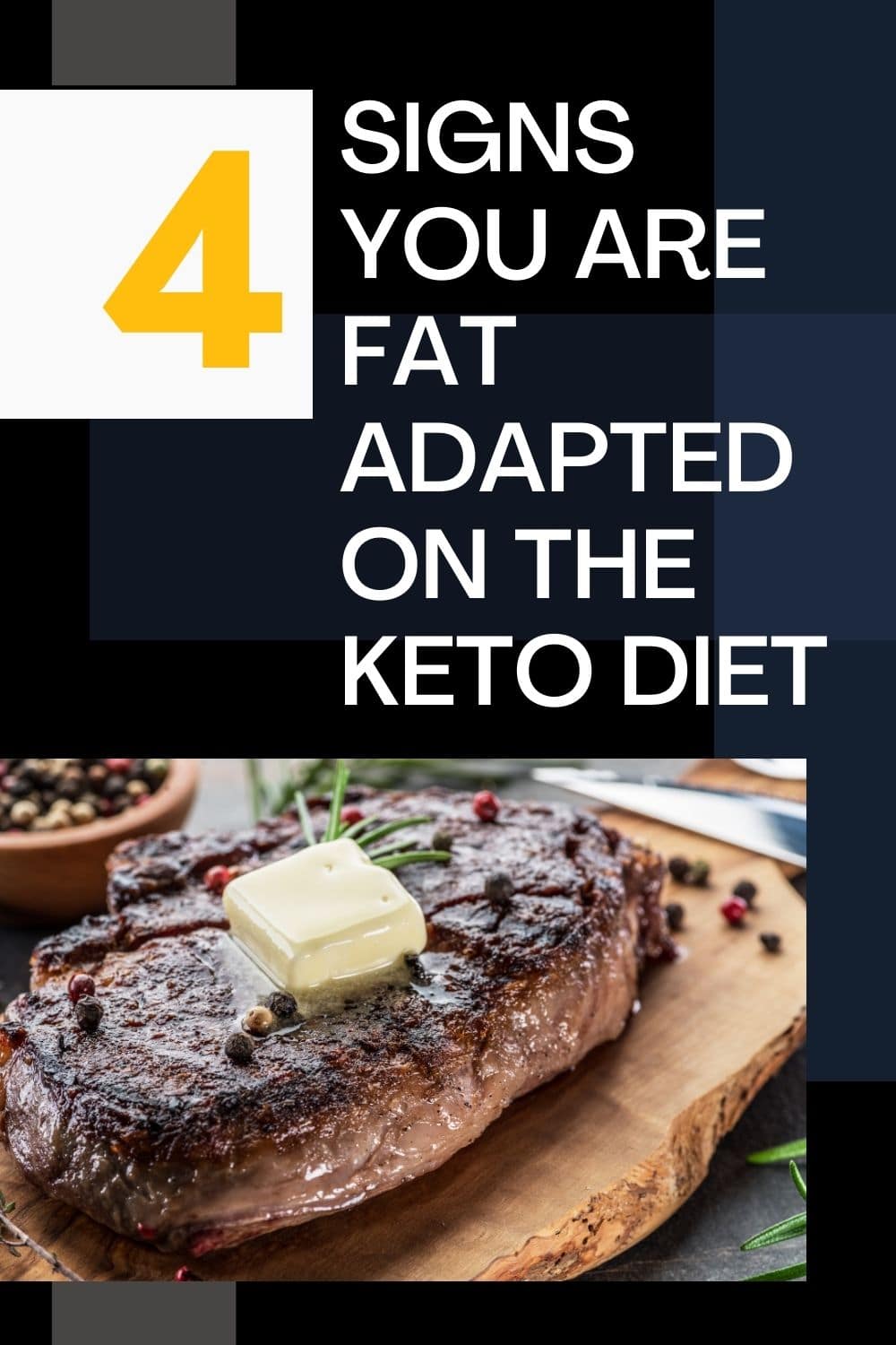 image of steak on a platter with words 4 signs you are fat adapted on the keto diet