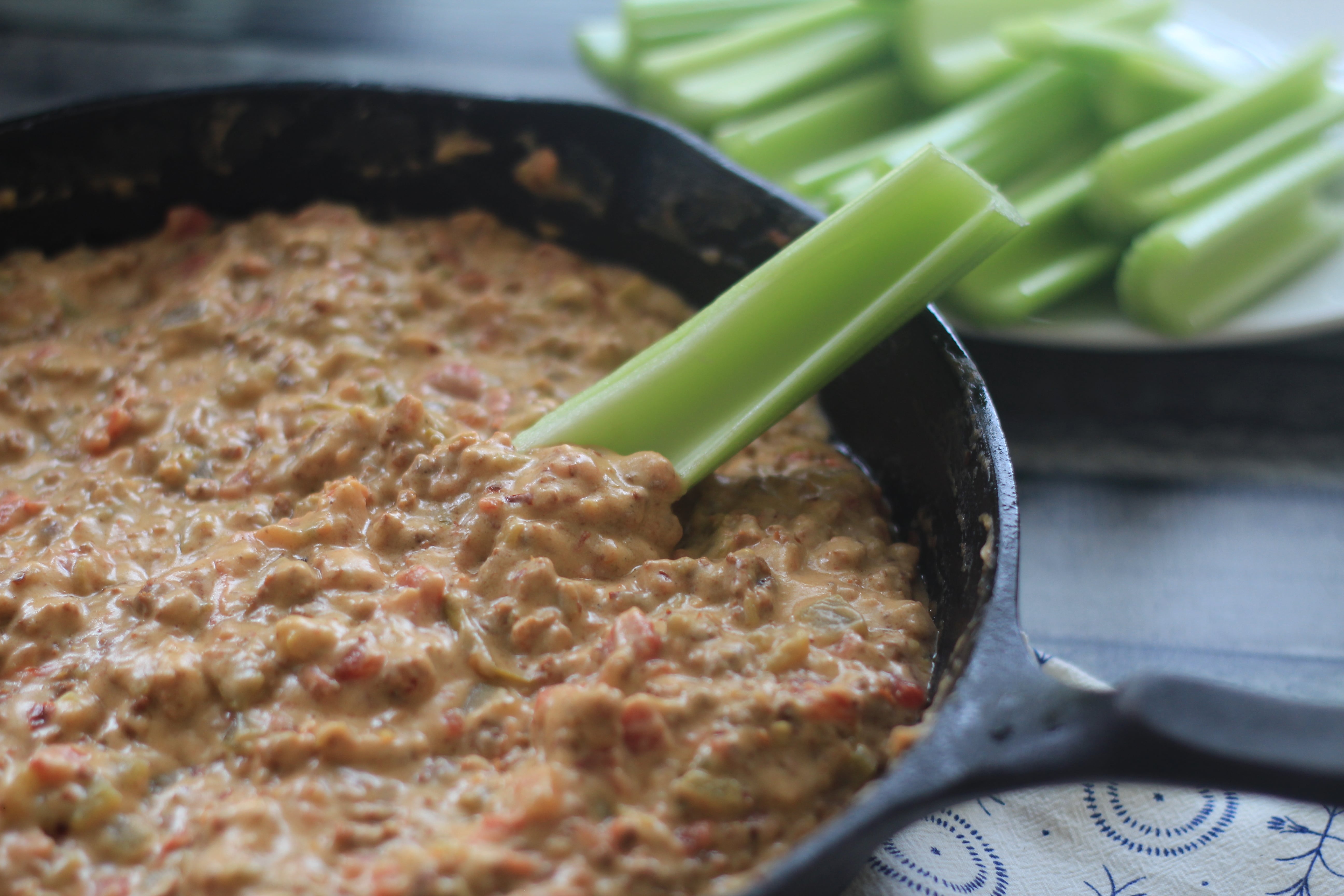 Cooked Low Carb Dip served with a celery stick