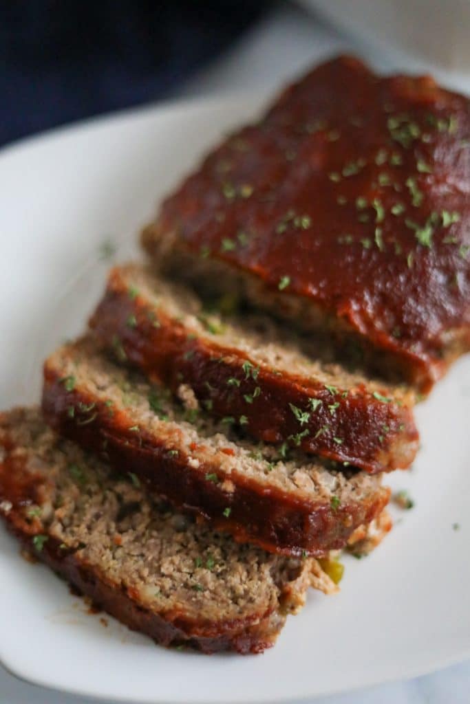 keto meatloaf plated and sliced