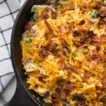 Baked chicken bacon ranch casserole in a skillet