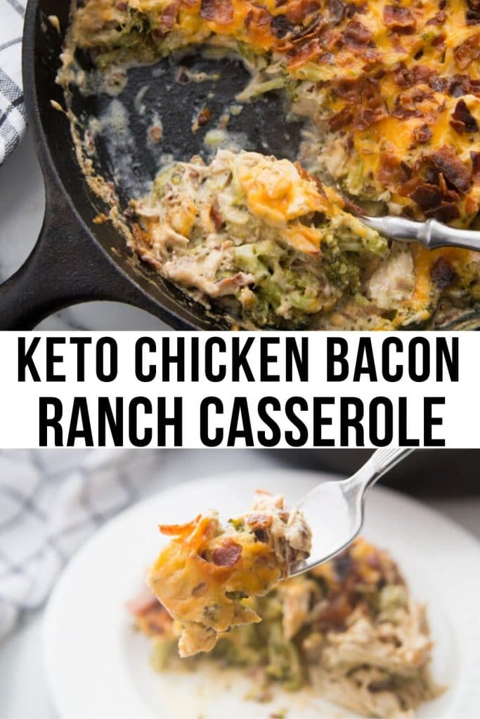 Keto chicken bacon ranch casserole in a cast iron skillet.