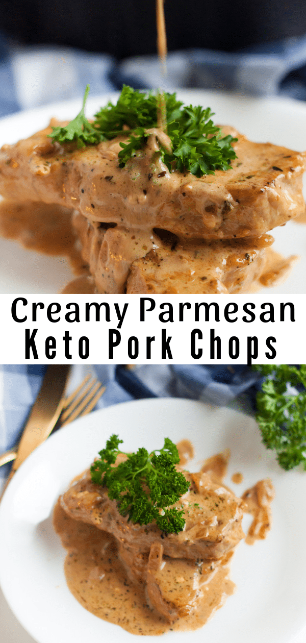 collage of keto pork chops plated