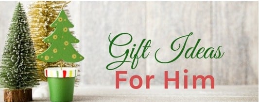 placeholder that divides text says gift ideas for him with Christmas trees on the left side of the screen
