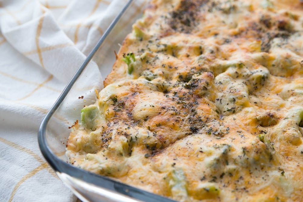 Low Carb Chicken Casserole in a baking dish out of the oven