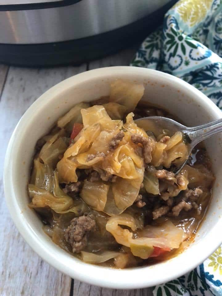 Keto Stuffed Cabbage Soup in a white bowl 