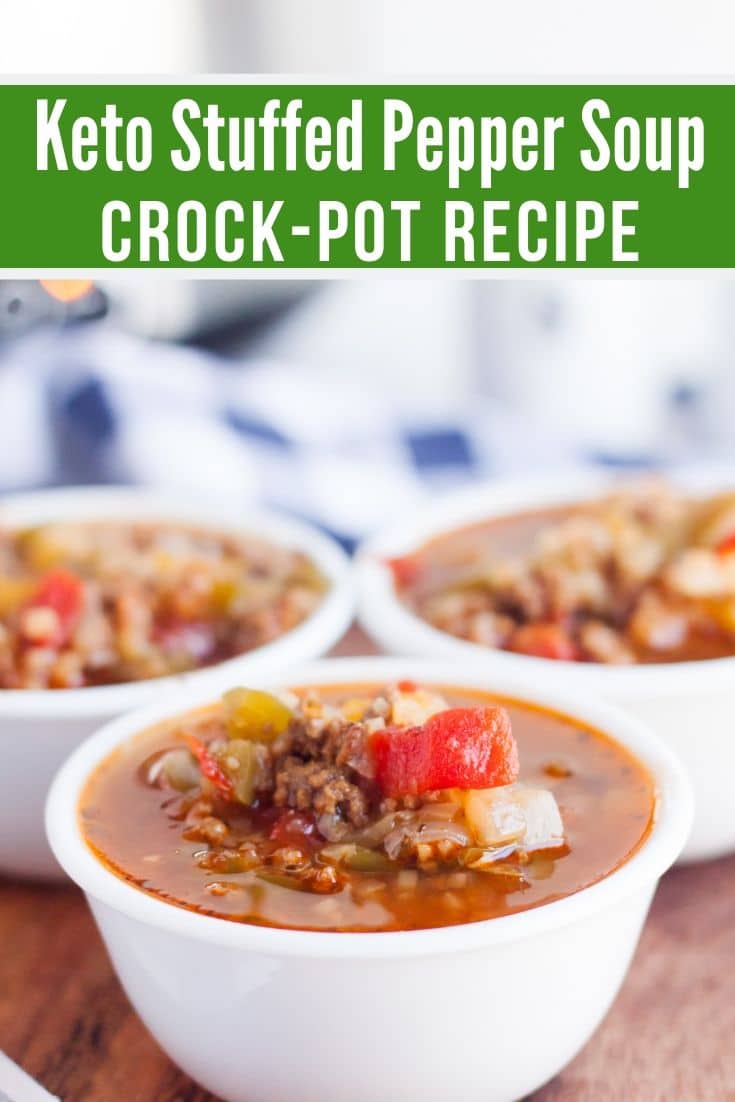 3 bowls of keto stuffed pepper soup crock-pot recipe placed in a triangle. 