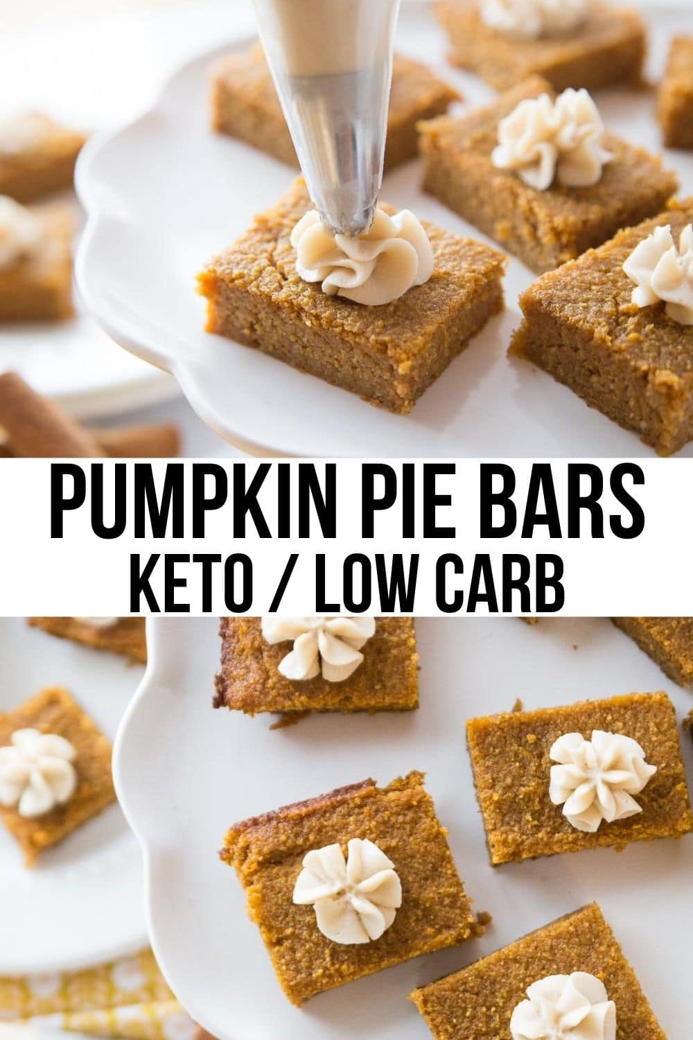 keto pumpkin bars on a white plate with a dollop of cream cheese icing