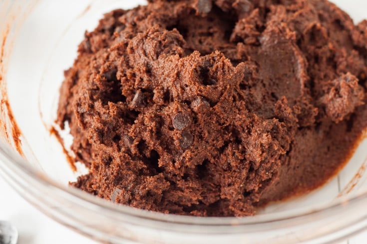 chocolate chips mixed into keto brownie batter