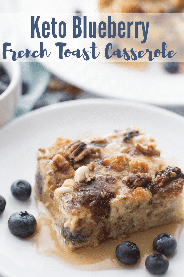 Slice of keto french toast casserole on a plate with text reading "Keto blueberry French toast casserole"
