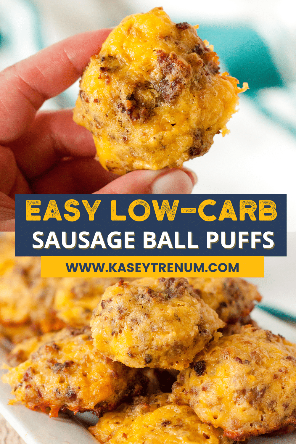 collaage image of a sausage ball puff being held between two fingers on top and plated sausage balls on the bottom.