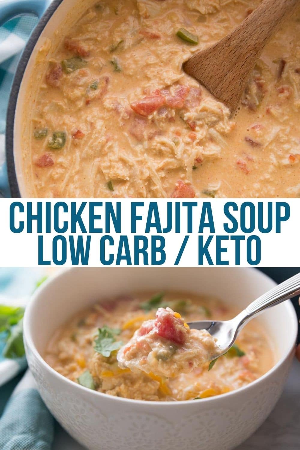 low carb chicken fajita soup in a bowl/pot with a spoon.