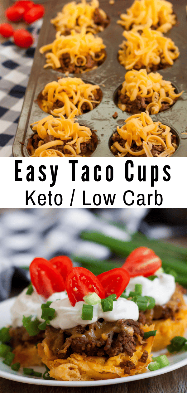 These Keto Low Carb Taco Cups are going to become one of your all time favorite meals! Kids love the delicious flavor of the taco seasonings! This is a perfect low carb meal for your keto meal plan. Grab a few ingredients and whip these up for dinner tonight! #keto #lowcarb