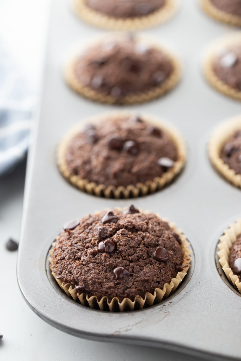 low carb chocolate muffins baked in a muffin pan