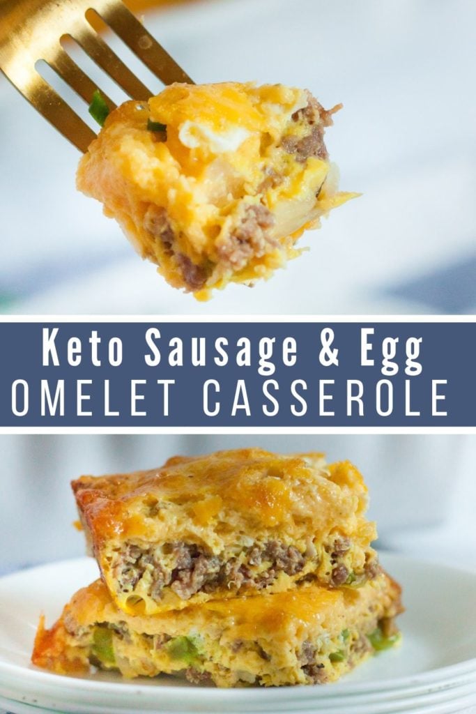 collage of two pics with keto sausage & egg omelet casserole