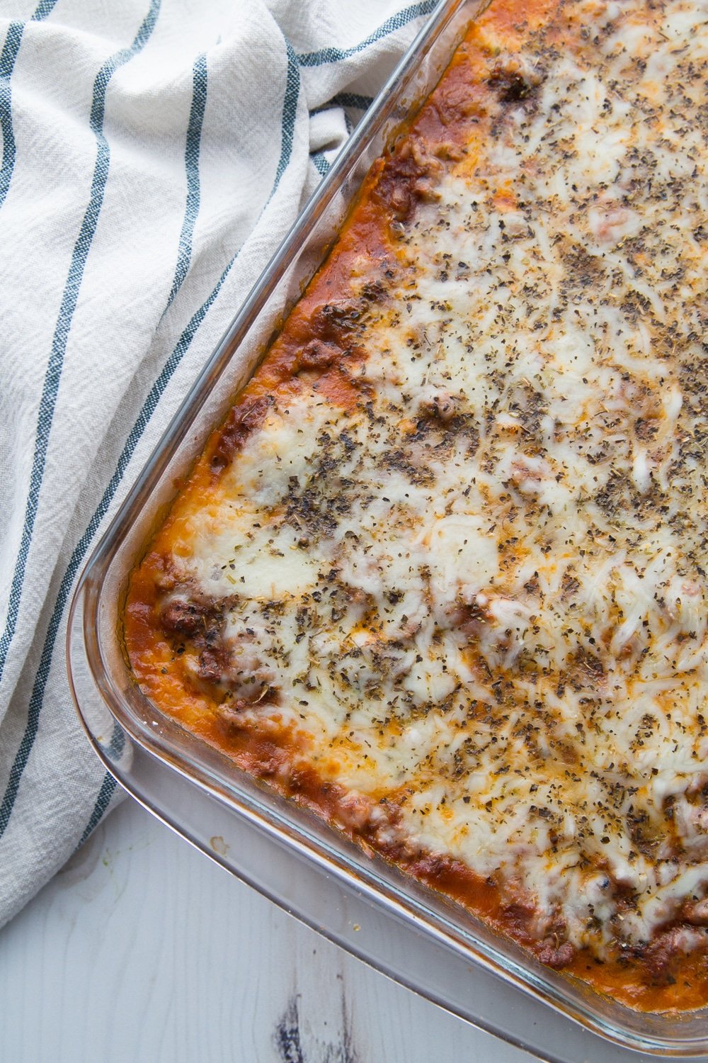 delicious keto lasagna fresh out of the oven in a casserole dish