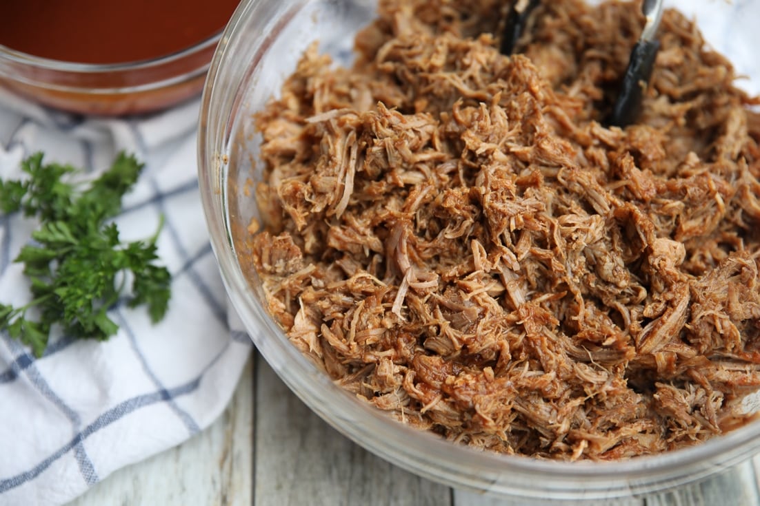 keto pulled pork in a bowl with sugar-free bbq sauce