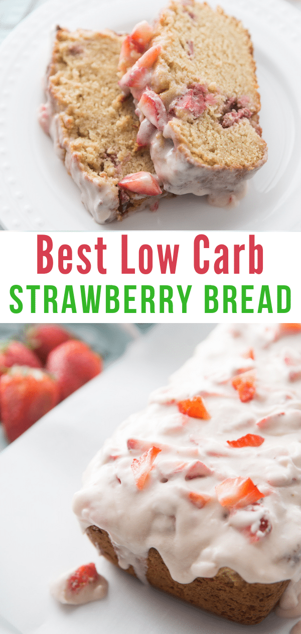 This moist and delicious Low Carb Strawberry Bread with homemade icing can be served at breakfast or as a sweet treat. #keto #lowcarb