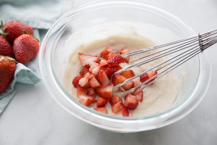 Strawberries being mixed into the Strawberry Low Carb Bread batter