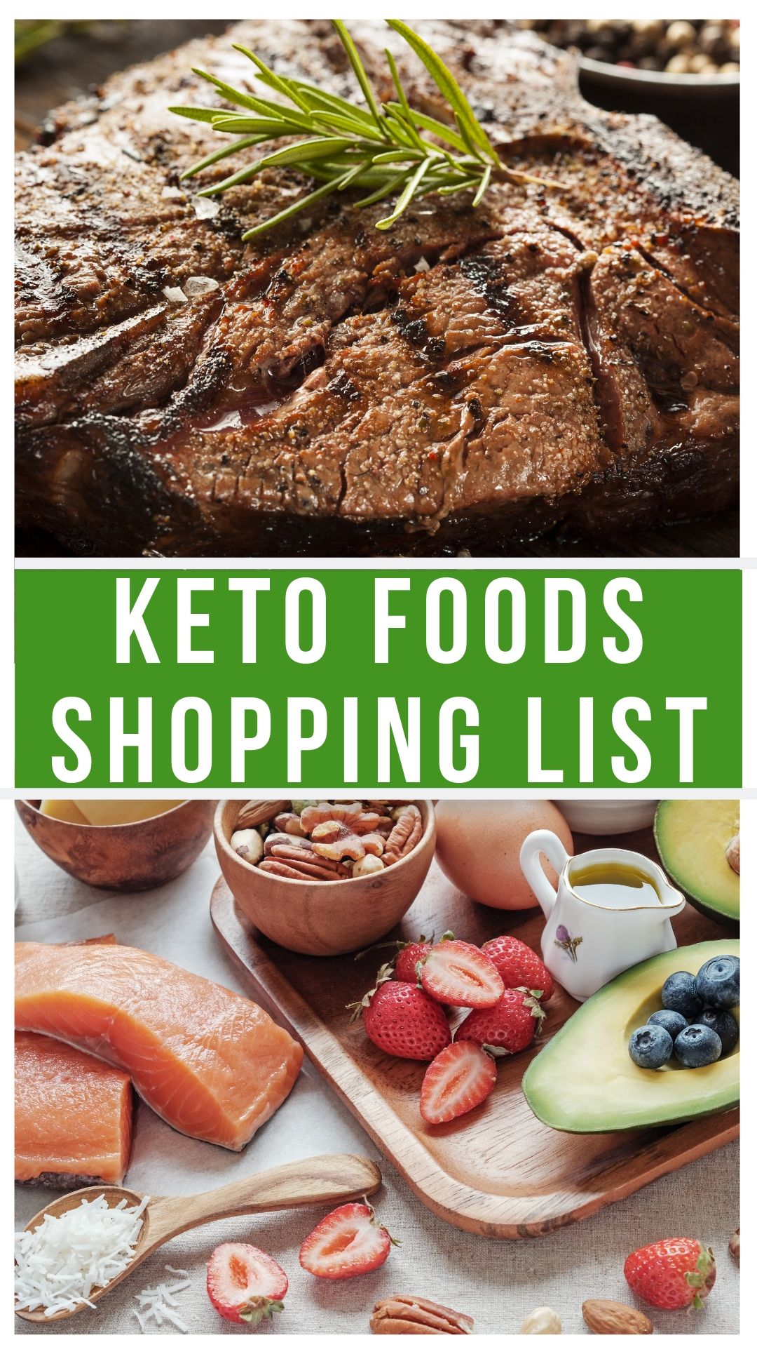 keto foods collage with steak in the top picture then a tray of low carb foods in the bottom.