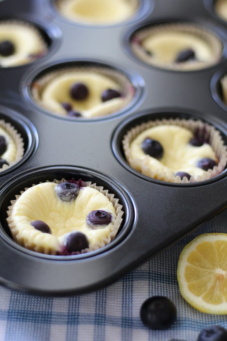 Finished lemon blueberry sugar free cheesecakes in muffin tins.