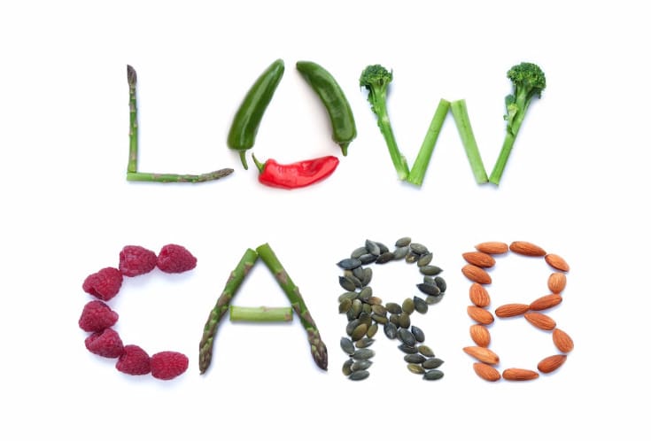 Fruits, vegetables and seeds spelling the word low carb for low carb vs keto info