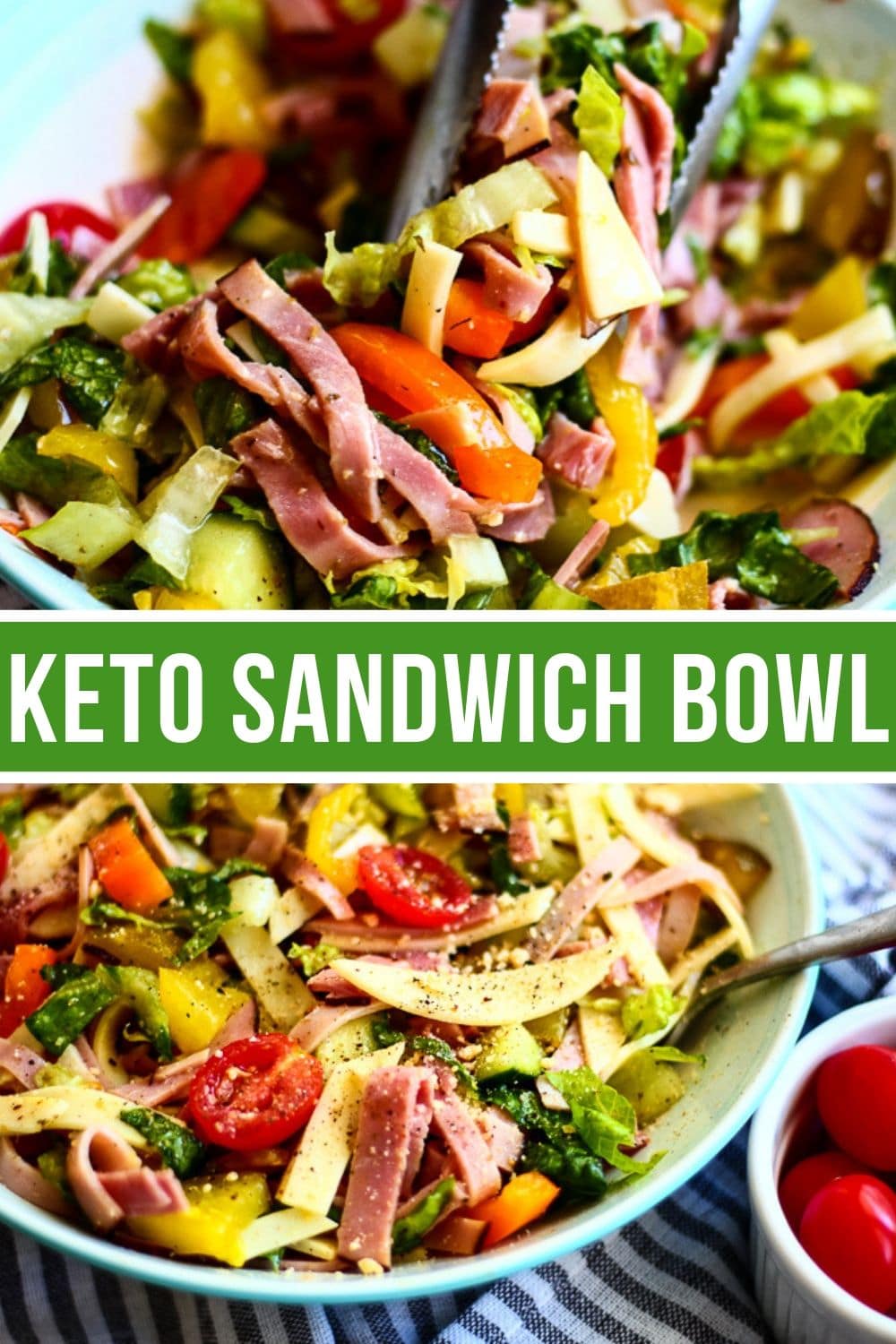 Collage of keto sandwich bowl. The top picture has the ingredients being tossed, and the bottom is the bowl that has been finished.