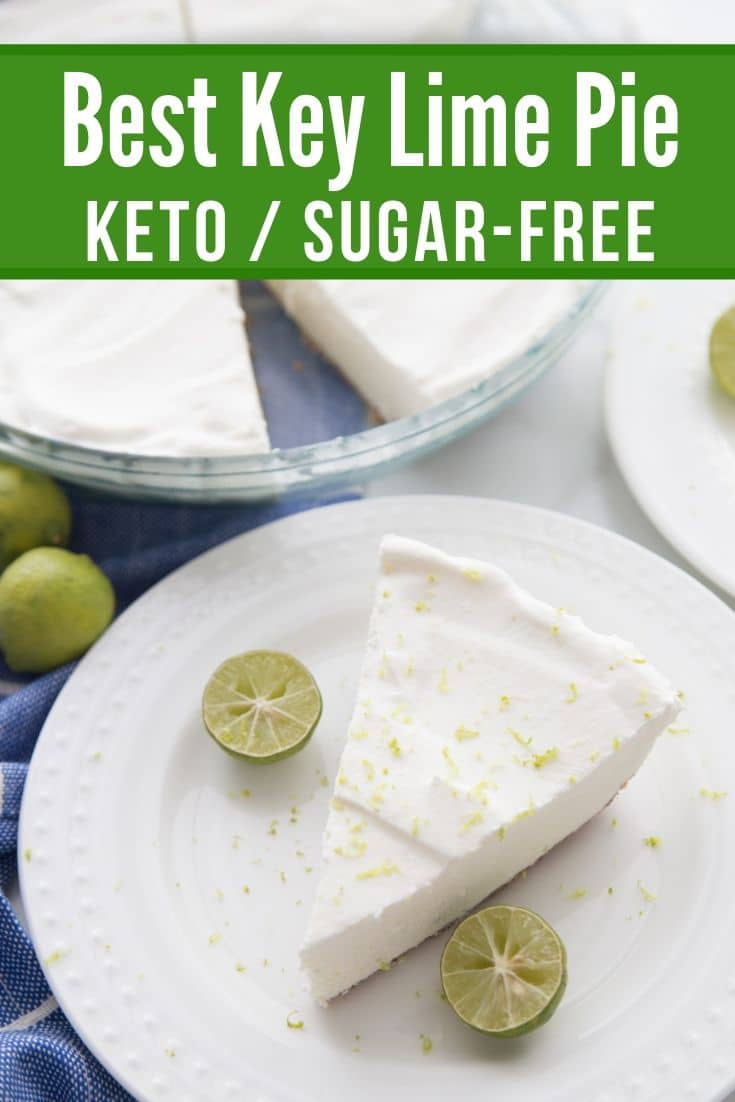 keto key lime pie plated with a picture of the pie in a glass pie dish in the background