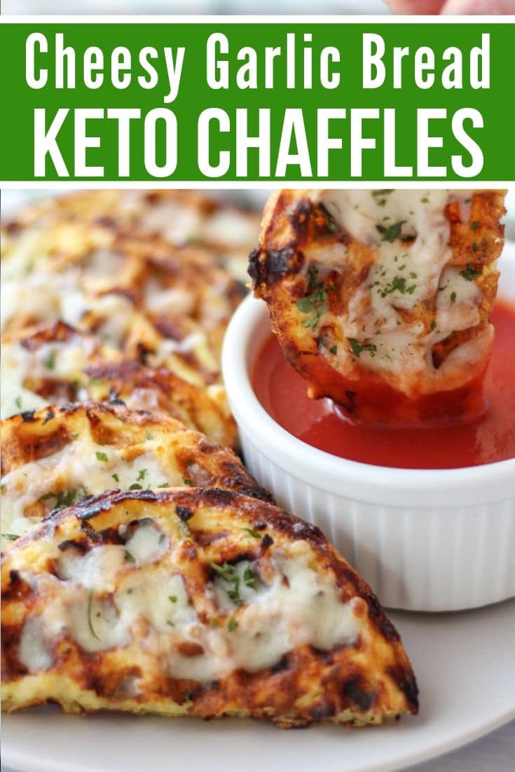 garlic bread Keto Chaffles plated with a tomato dipping sauce