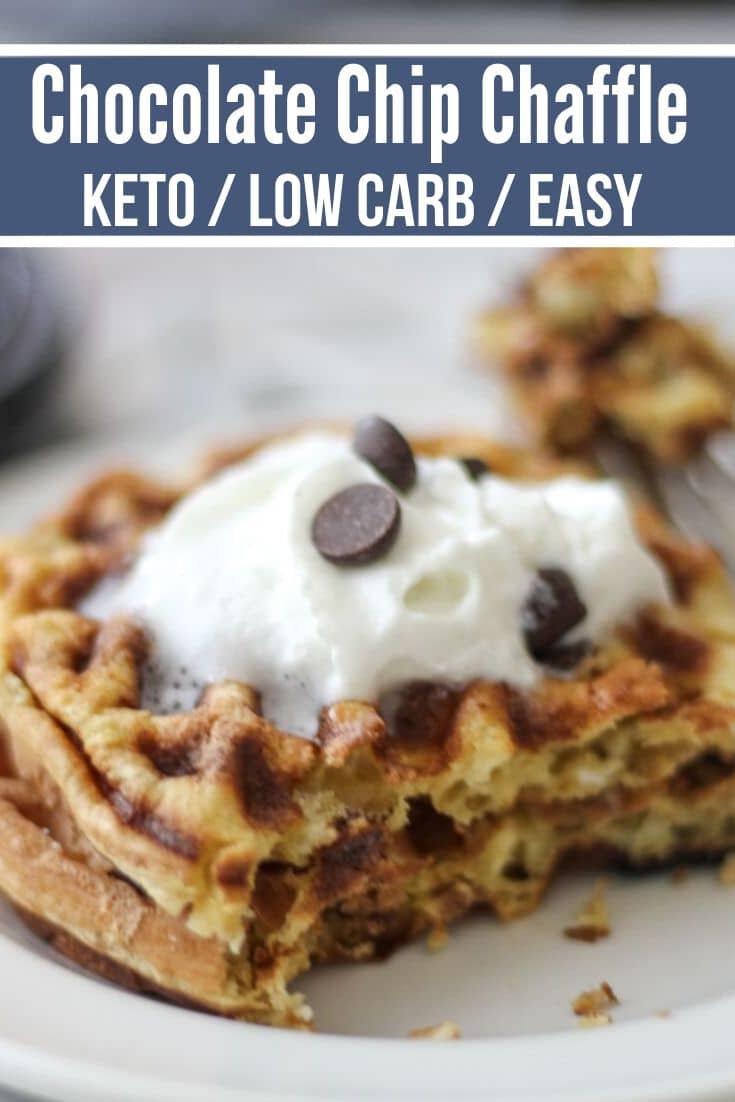 chocolate chip chaffle keto recipe plated with whipped cream and sugar free chocolate chips on top