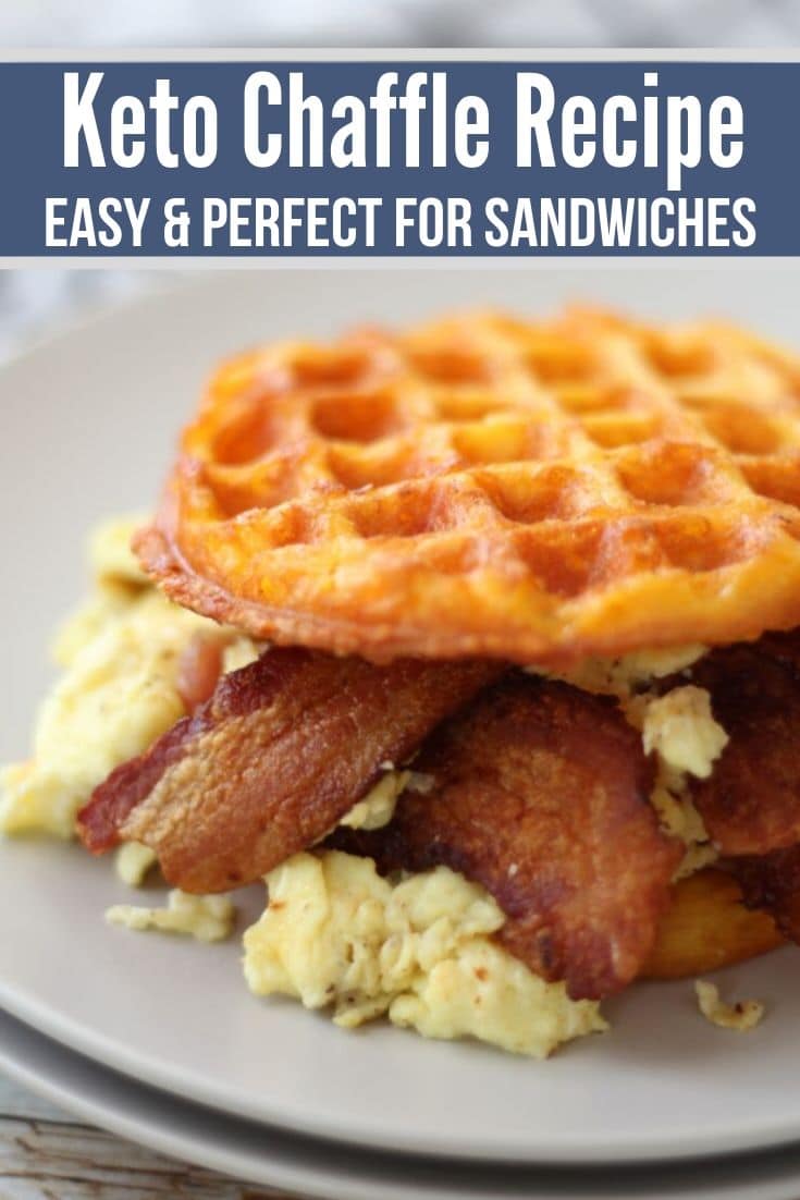 keto chaffle or cheese waffle plated with bacon and eggs