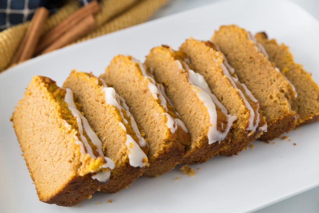 keto pumpkin bread on a white platter for a low carb breakfast