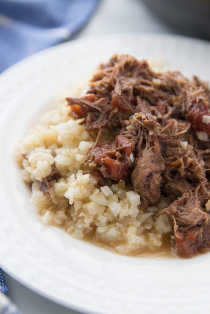 Mexican pot roast low carb recipe with cauliflower rice plated