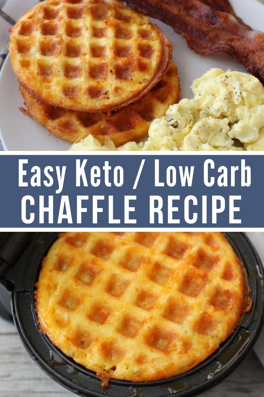 collage of keto chaffle recipe one chaffle plated the other in the waffle maker