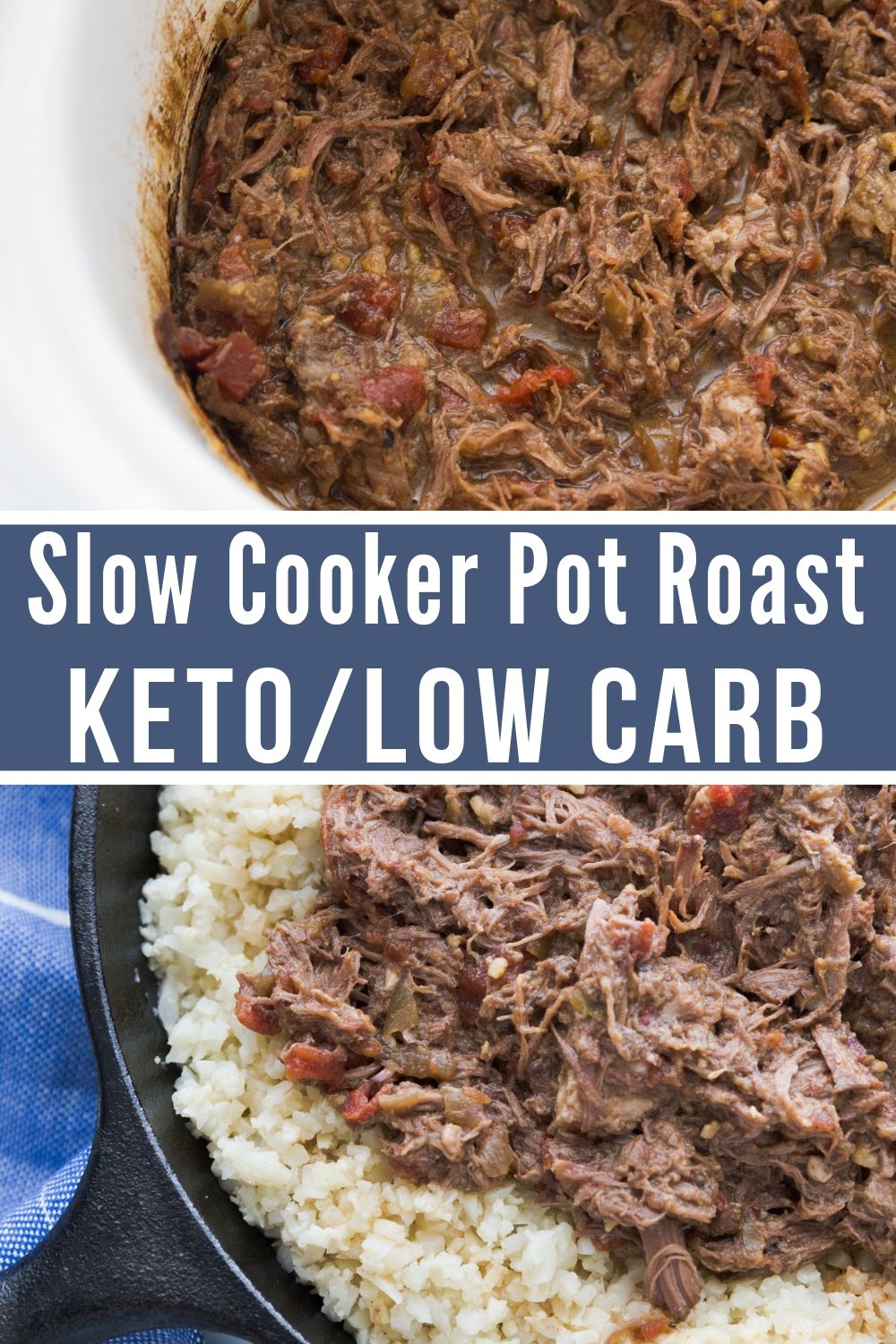collage image of slow cooker pot roast in a crock pot or served in a cast iron skillet