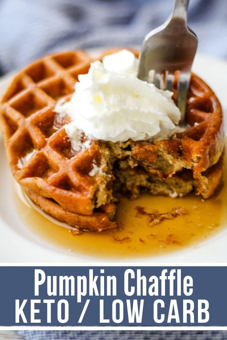 pumpkin keto waffles recipe plated with whipped cream on top and a fork in the chaffle