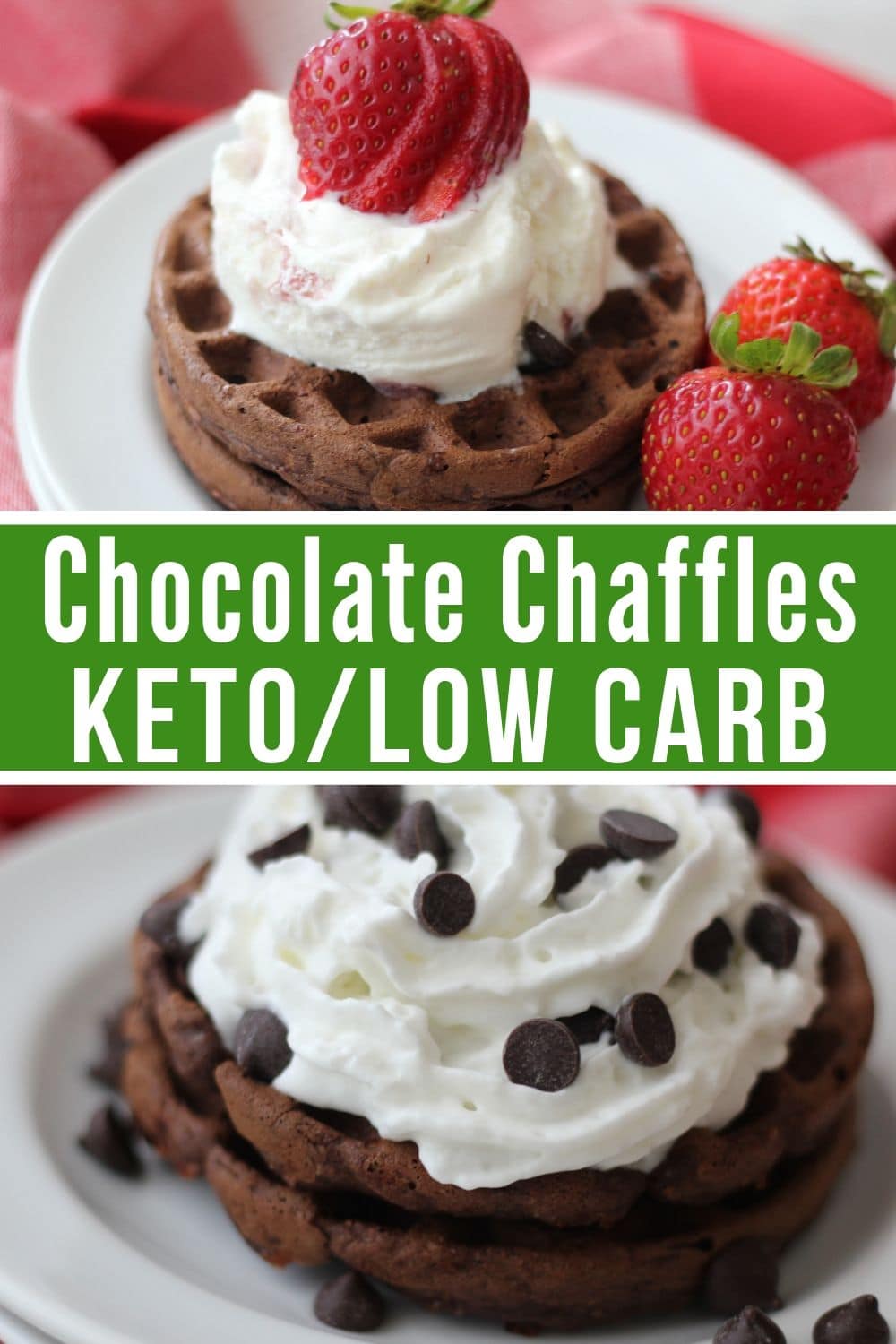 collage of chocolate chaffle keto recipe plated