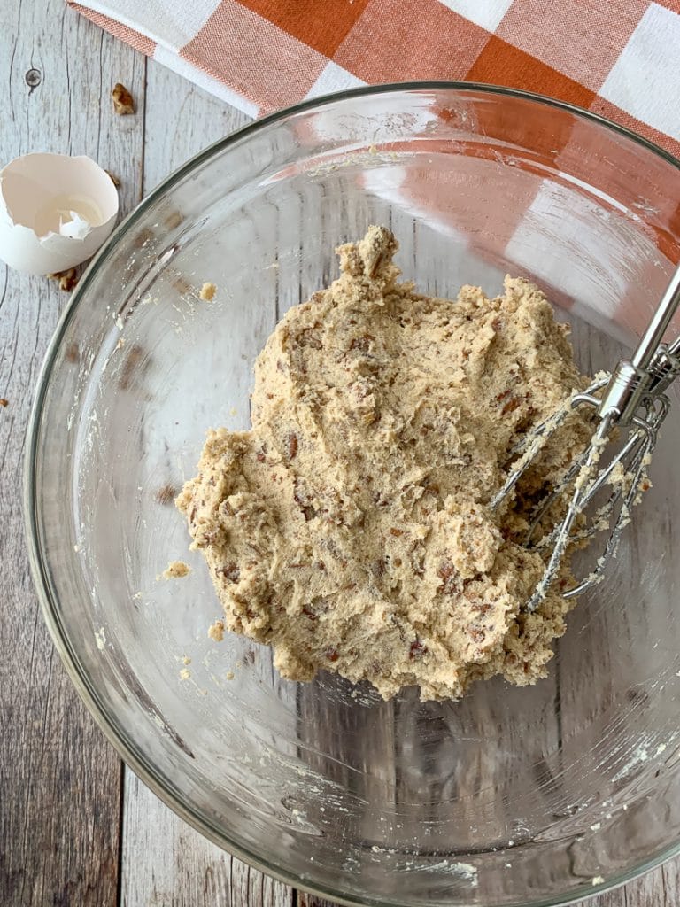 process picture of batter in a bowl for keto pecan pie muffins